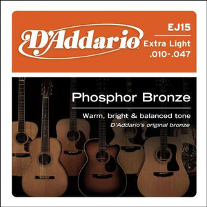 D'Addario EJ15 Phosphor Bronze Acoustic Guitar Strings, Extra Light .010-.047