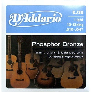 D'Addario EJ38 Acoustic Guitar Strings, Phosphor Bronze, 12-String, Light (.010-.047)