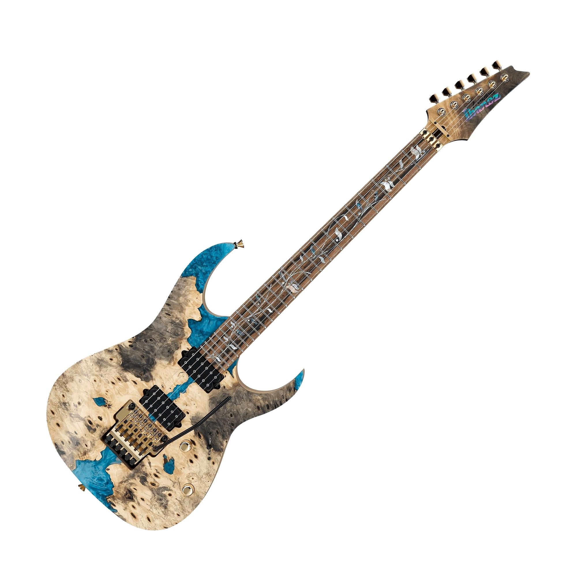 Ibanez R9441F22G5 RG J.Custom Electric Guitar w/Trem and Hardshell Case, Buckeye Burl w/Blue Resin