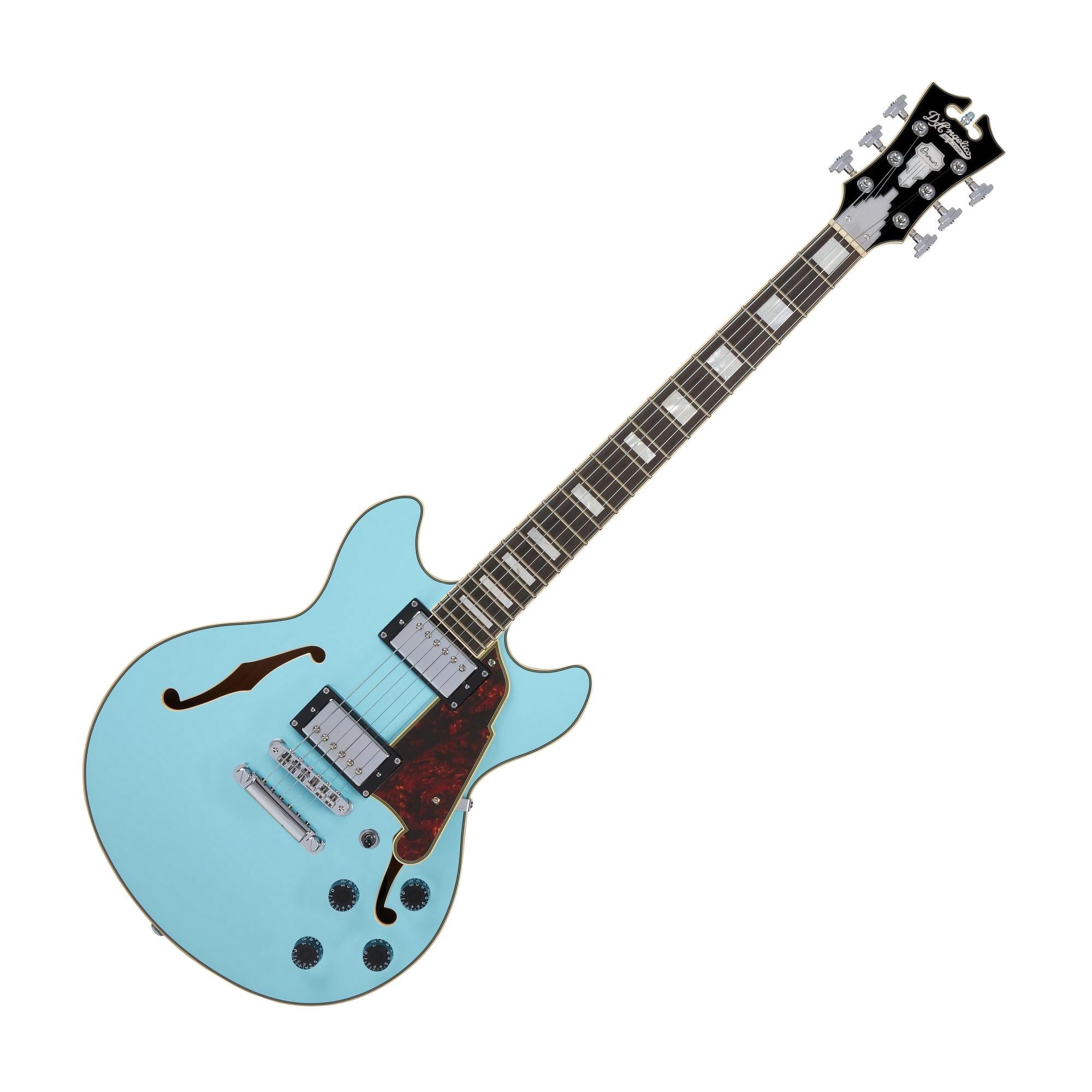 D'Angelico DAPMINIDCSKBCS Premier Mini DC Semi Hollow Electric Guitar w/Stopbar Tailpiece, Sky Blue