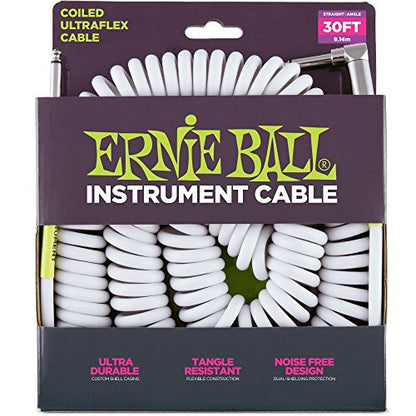 Ernie Ball 30' Coiled Straight/Angle Instrument Cable - White