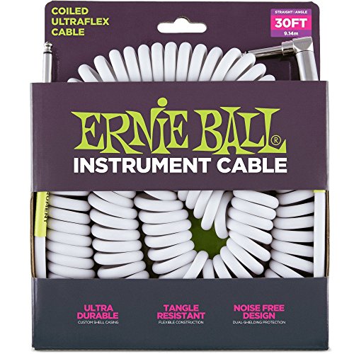 Ernie Ball 30' Coiled Straight/Angle Instrument Cable - White