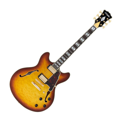 D'Angelico DAEDCXTQITBGS Excel DC XT Series Semi Hollow Electric Guitar, Iced Tea Burst Quilt